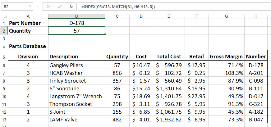 The figure shows an Excel worksheet with a formula in cell B2 that combines the MATCH() and INDEX() functions to look up a value in any row of the lookup table.