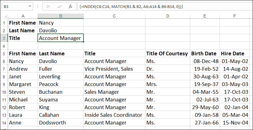 The figure shows an Excel worksheet with an array formula in cell B3 that combines the MATCH() and INDEX() functions to perform a multiple-column lookup.