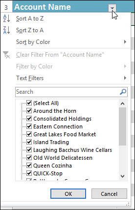 The figure shows an Excel worksheet's Filter menu of a table’s Account Name field.