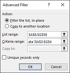 The figure shows the Advanced Filter dialog box.