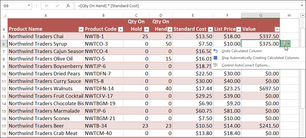 The figure shows an Excel worksheet in which Excel has automatically completed the new Value field by filling the formula into all the table records. The AutoCorrect Options menu also appears.