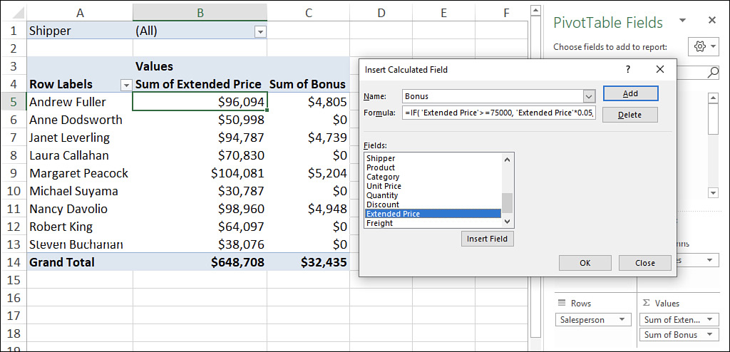 The figure shows a PivotTable with a calculated field.