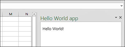 The figure shows a task pane displaying the results of the Hello World app.