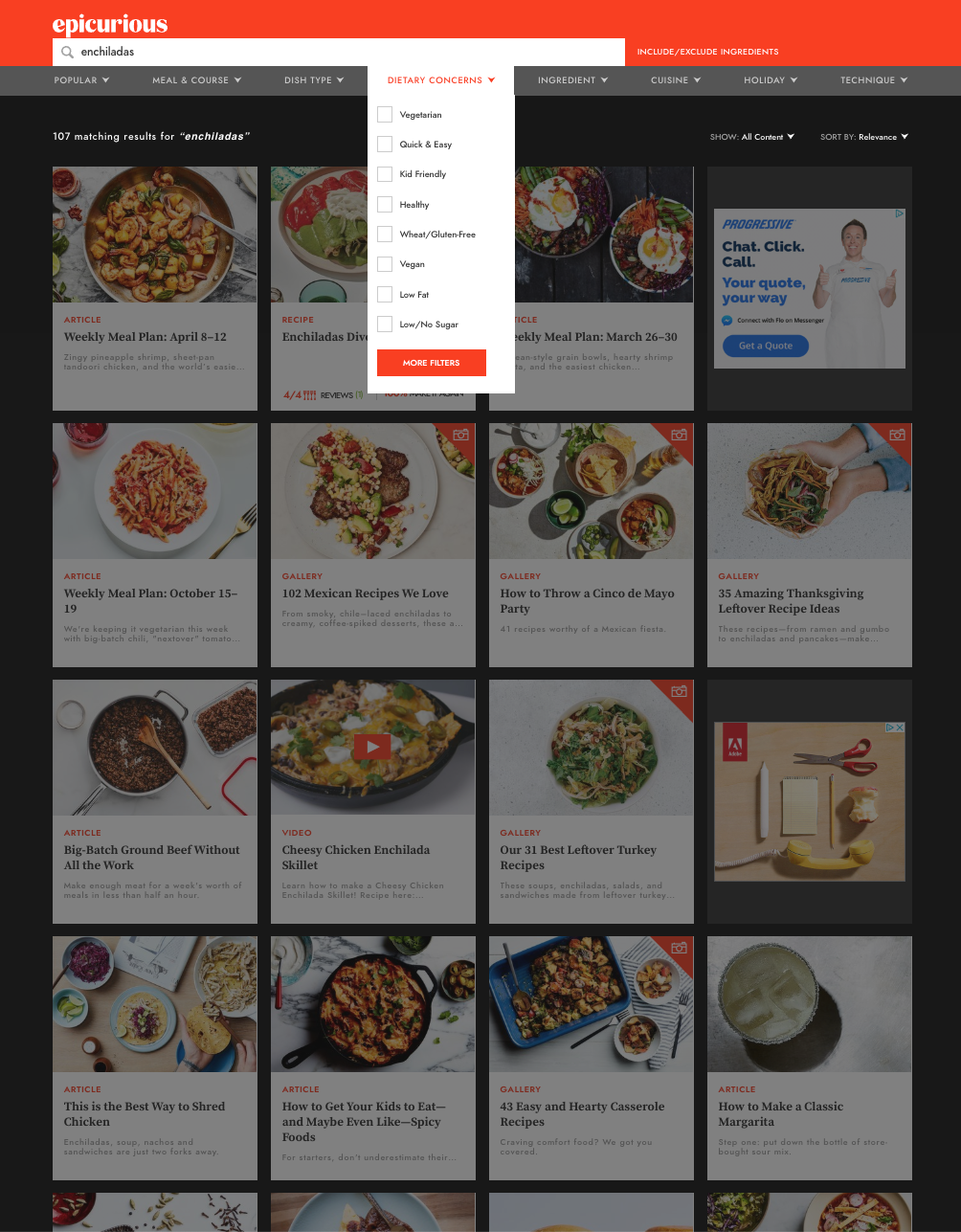 Epicurious search results with faceted filters