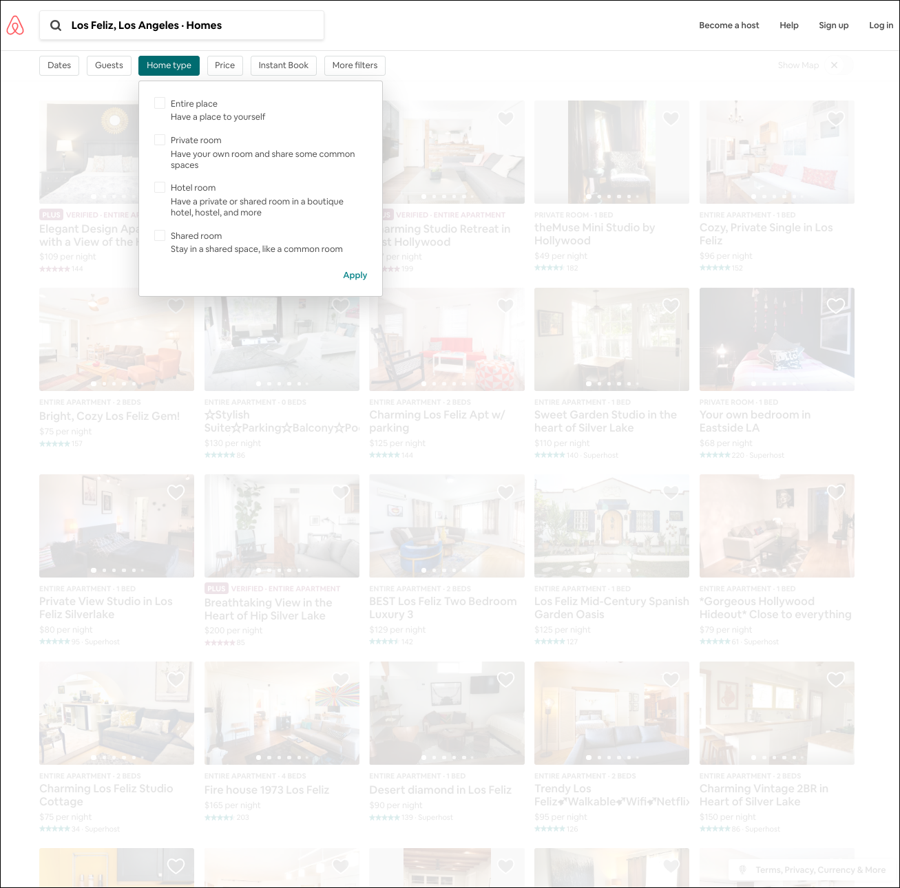Airbnb search results with faceted filters