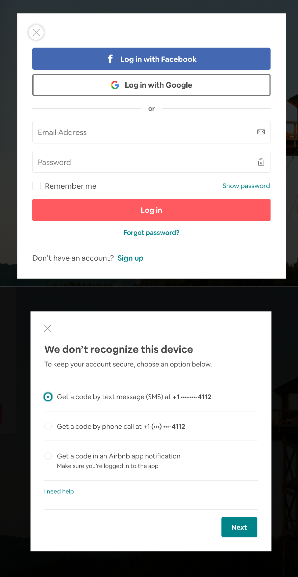 Airbnb login modal panel and security check modal panel