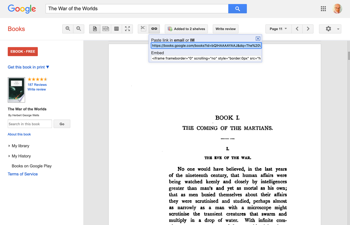 Deep-linked state in Google Books, found in two places: the browser’s URL field, and the “Link” feature