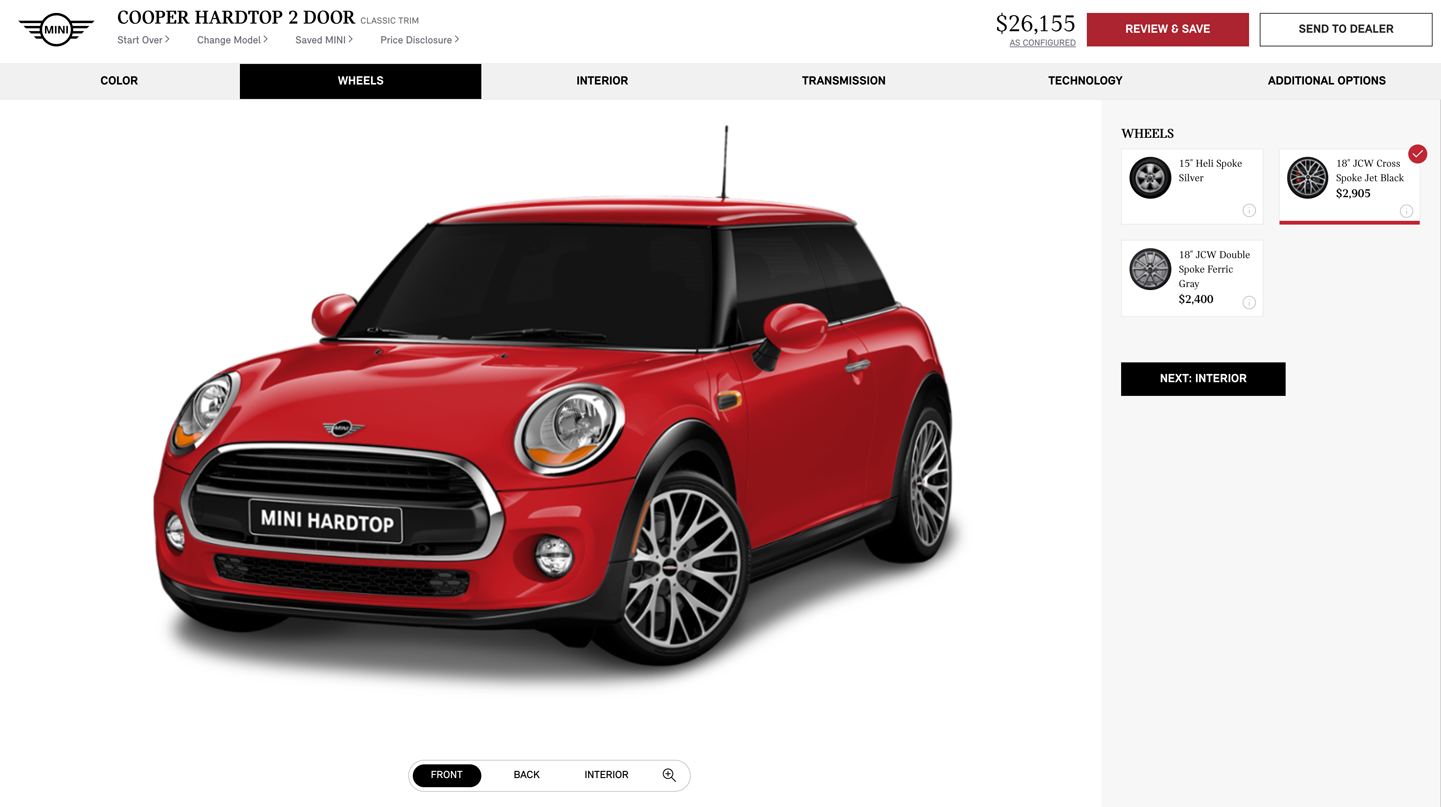 Mini Cooper product configurator, with sequence map across the top