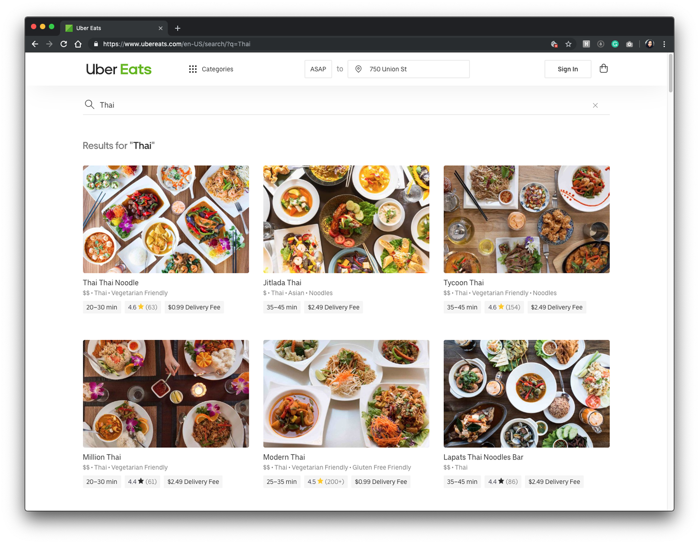 Uber Eats search results