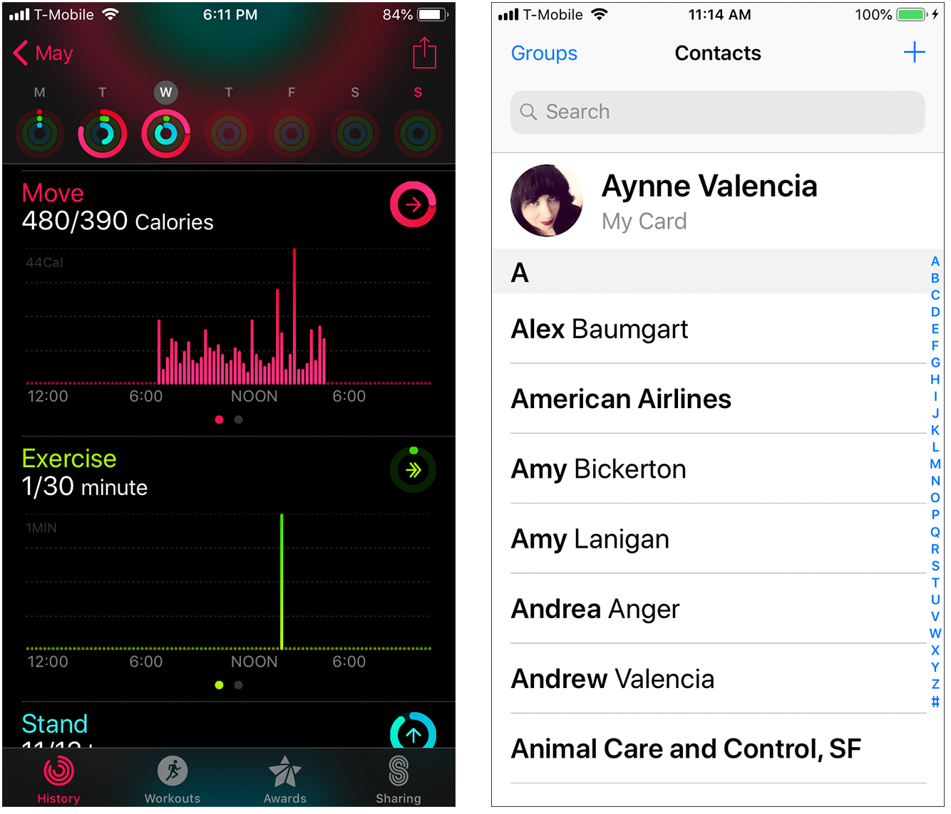 Apple iOS Health app Date Scroller control and the iPhone Contacts list