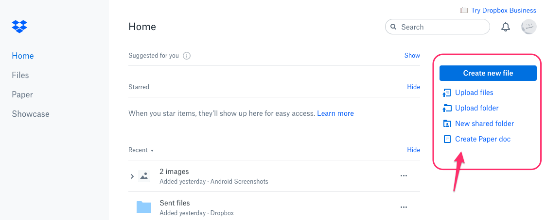 An Action Panel in Dropbox