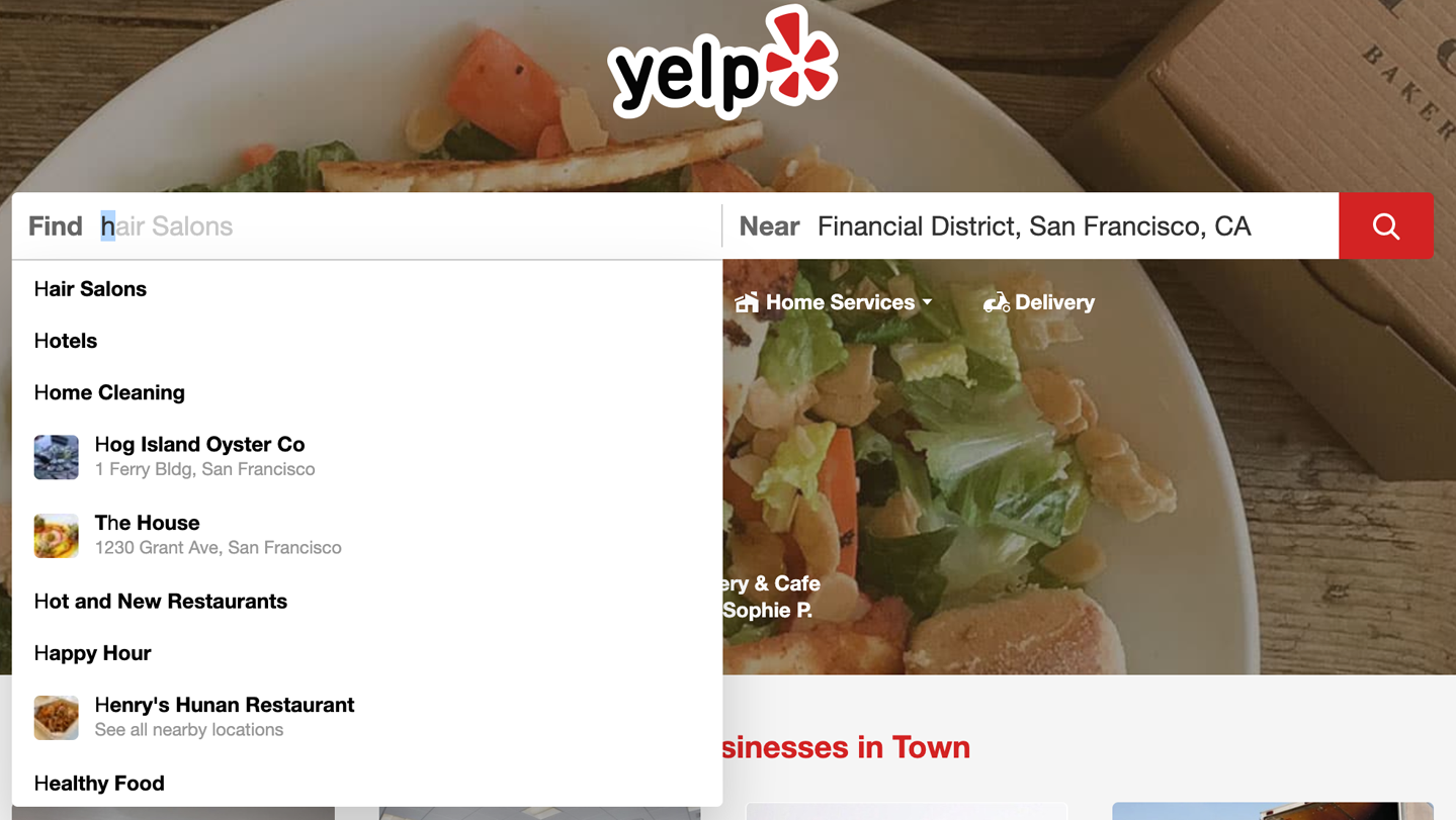 Yelp.com Search autocomplete