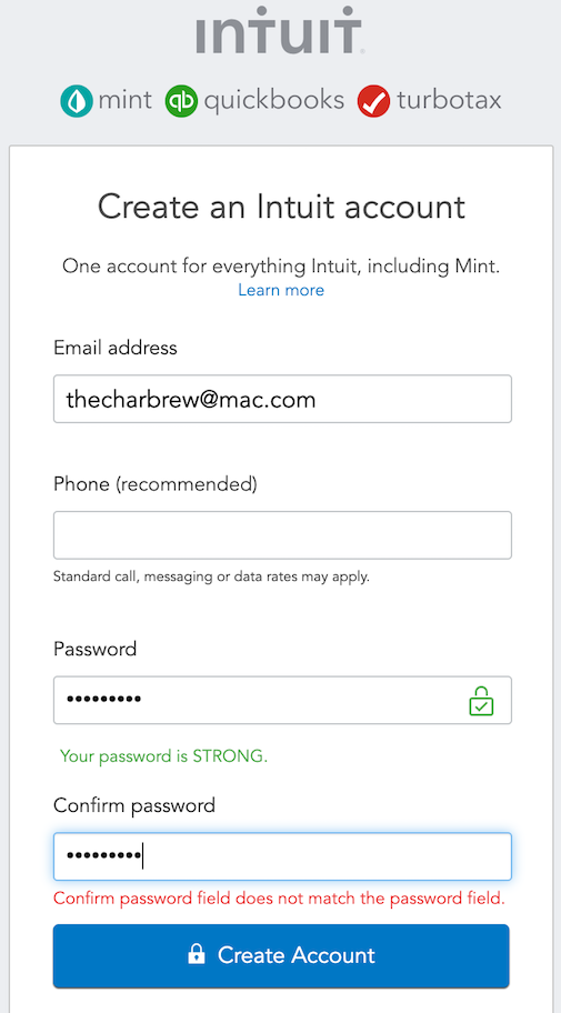 Mint (Intuit) registration screen