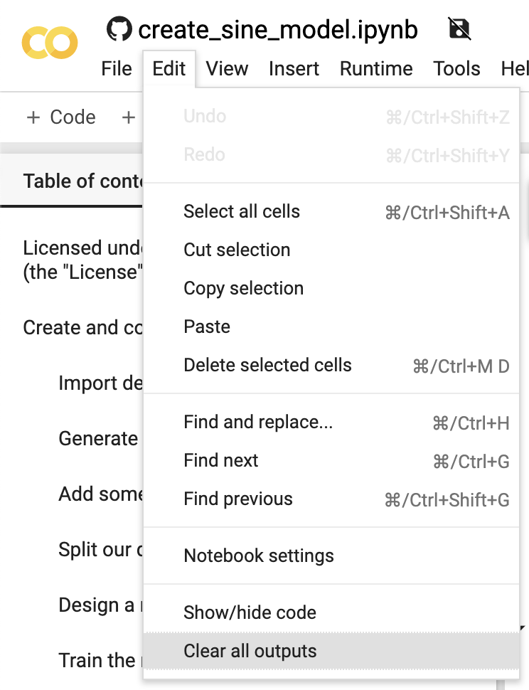 The 'Clear all outputs' option