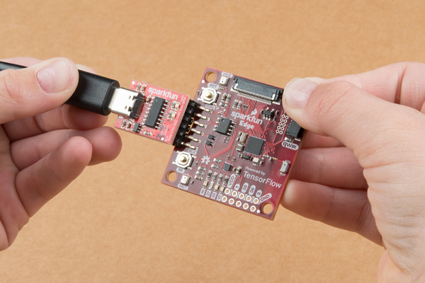 A photo showing how the SparkFun Edge and USB-C Serial Basic should be connected
