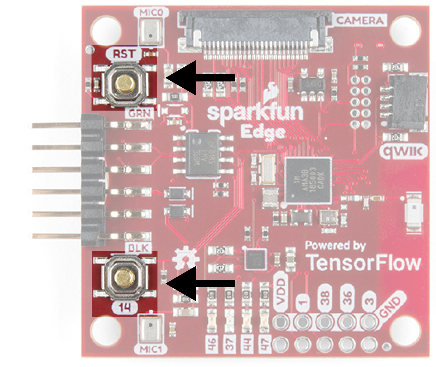 A photo showing the SparkFun Edge's buttons