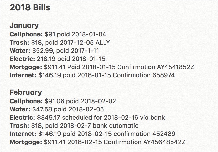 Figure 12: Headings let me clearly split my 2018 bill payment log into months.