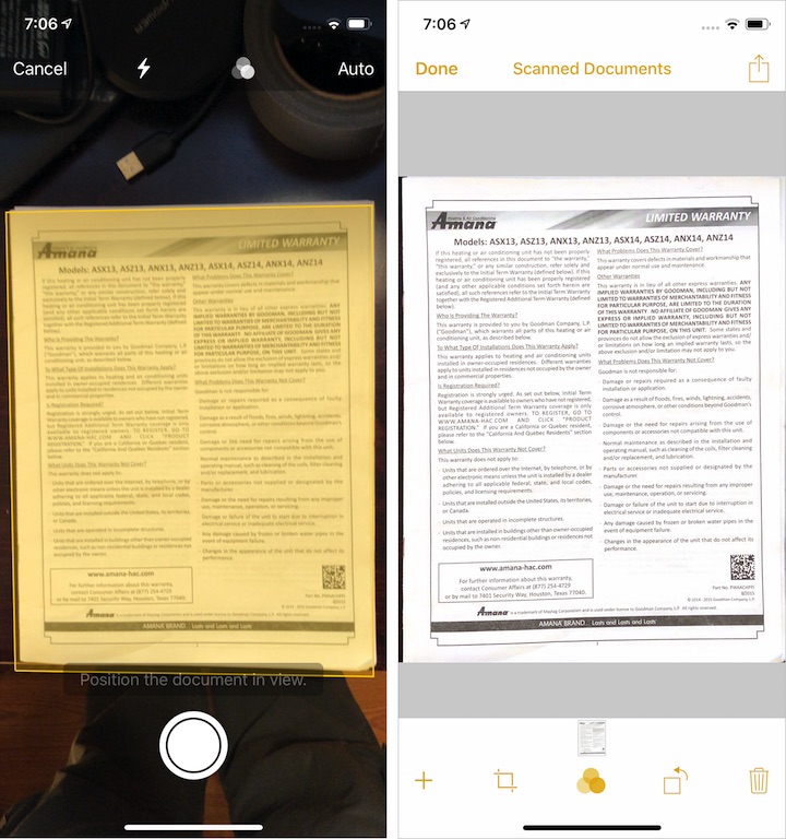 Figure 22: Scanning pages and editing a scan in Notes.