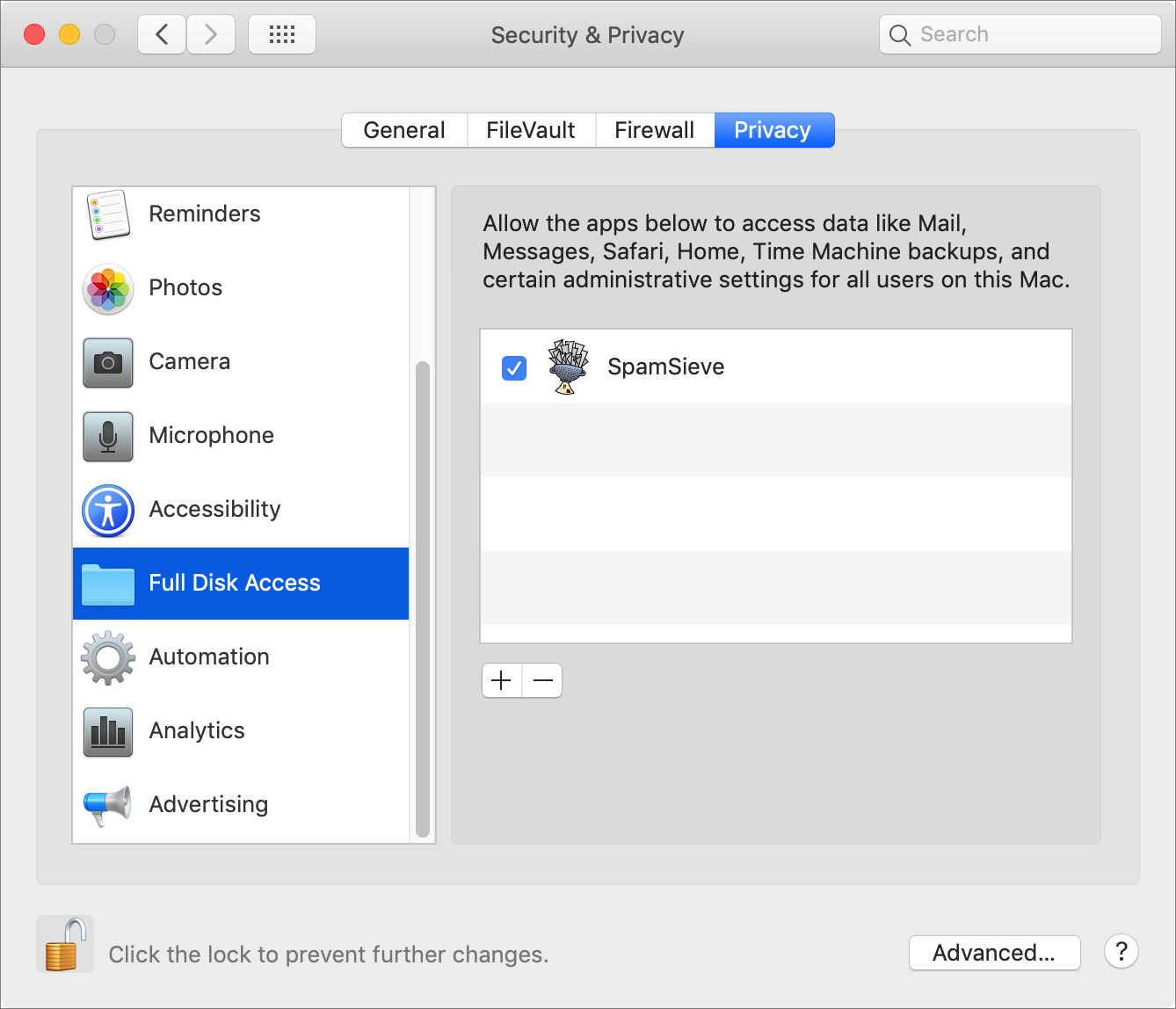 Figure 15: The Full Disk Access category on the Privacy tab enables apps to access data anywhere on your disk, even potentially sensitive files such as email or messages.
