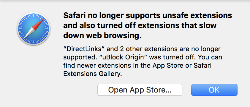 Figure 22: A dialog along these lines appears if Safari 12 disables any extensions you previously had installed.