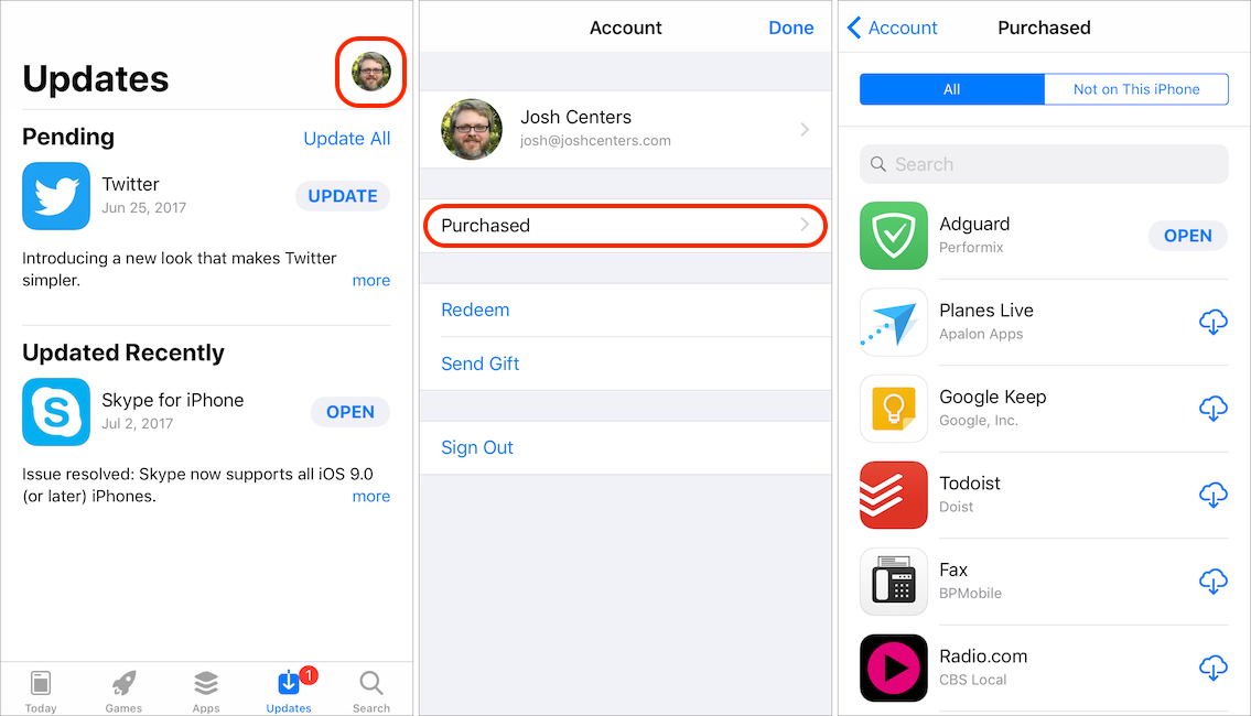 Figure 50: To access your purchased apps in one place, go to App Store > Updates, tap your picture, and tap Purchased. Here you can re-download apps associated with your Apple ID.