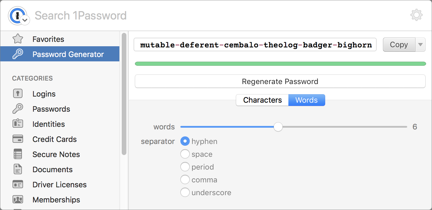 Figure 19: Controls for a Diceware-like password in 1Password mini on a Mac. Similar options appear in 1Password for Windows.