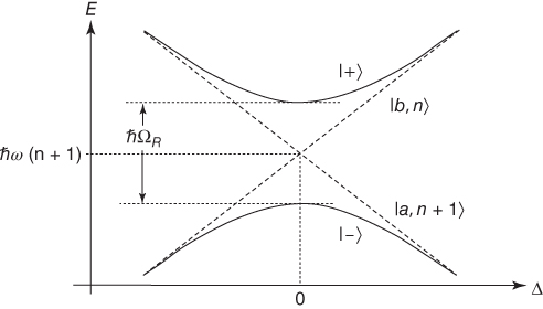 Illustration of the eigenenergies of the dressed states as a function of detuning 'c4. The eigenenergies display anti-crossing behavior, as compared to crossing behavior of the noninteracting bare states.