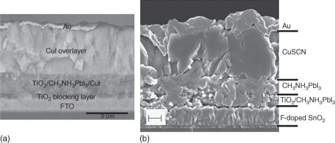 Scanning electron microscopic (SEM) cross-section images of solar cells employing (a) CuI and (b) CuSCN. 