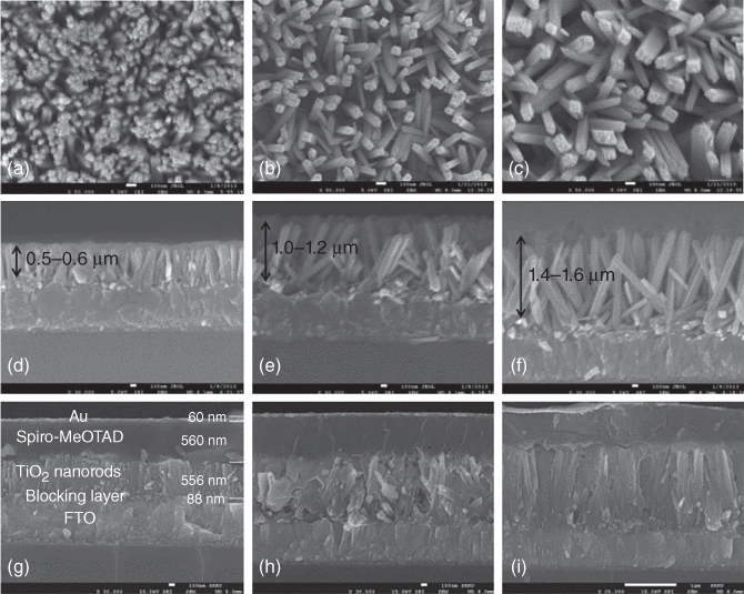 (a-c) Surface and (d-f) cross-sectional l field-effect scanning electron microscopic images of rutile TiO2 nanorods grown on FTO substrate. (g-i) Cross-sectional SEM images of solid state DSSCs based on perovskite CH3NH3PbI3-sensitized rutile TiO2 nanorod photoanode, the spiro-MeOTAD hole transporting layer, and the Au cathode. 