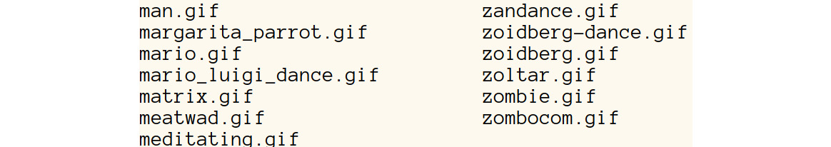 Figure 1.17: A screenshot of the output displaying a list of all GIF files within the folder
