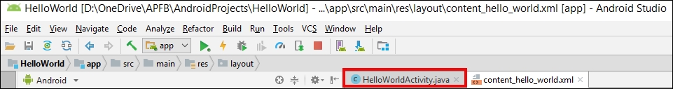 Examining the HelloWorldActivity.java file