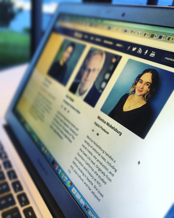 Photo illustration of a web page on a laptop screen displaying the images of two men (one of them is obscured, extreme left) and a woman. The name of the woman is Monica Nickelsburg and she is a digital producer.
