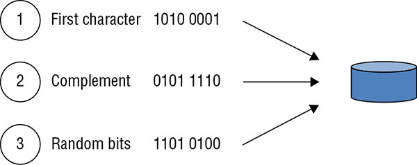 Diagram shows three separate passes to clear hard drive such as writing character 1010 0001, writing complement 0101 1110, and writing random bits 1101 0100.