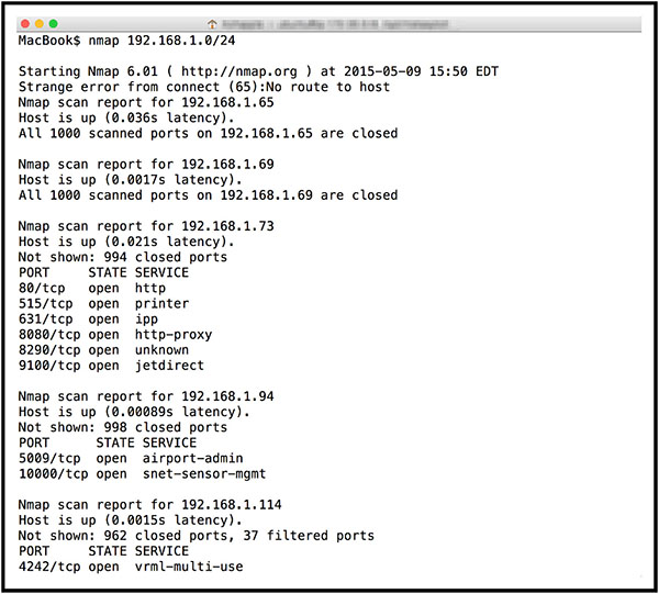 Screenshot shows nmap scan information such as starting Nmap 6.40 (http://nmap.org), strange error from connect (65), and Nmap scan reports for 192.168.1.65 and other addresses which include host latency values, scanned ports status et cetera.