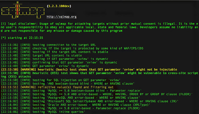 Screenshot shows sqlmap which contains warnings like "heuristic basic test shows that GET parameter xview might not be injectable" and "reflective values found and filtering out".