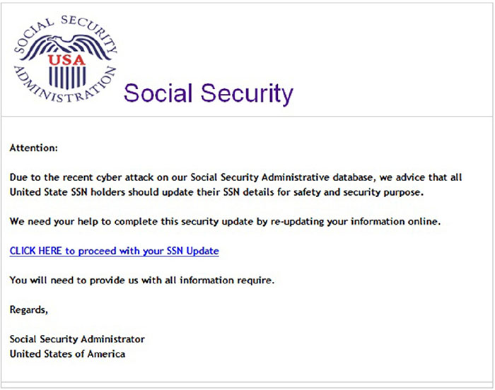 Screenshot shows message "Due to the recent cyber attack on our Social Security Administrative database, we advice that all United State SSN holders should update their SSN details for safety and security purpose" as well as hyperlink for SSN update.