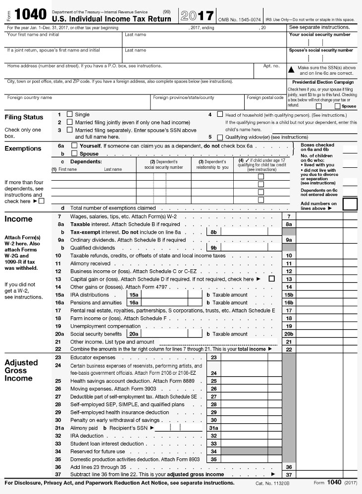 Sheet shows U.S. individual income tax return form having name, address, filing status, exemptions, income, taxable interest, adjusted gross income et cetera.