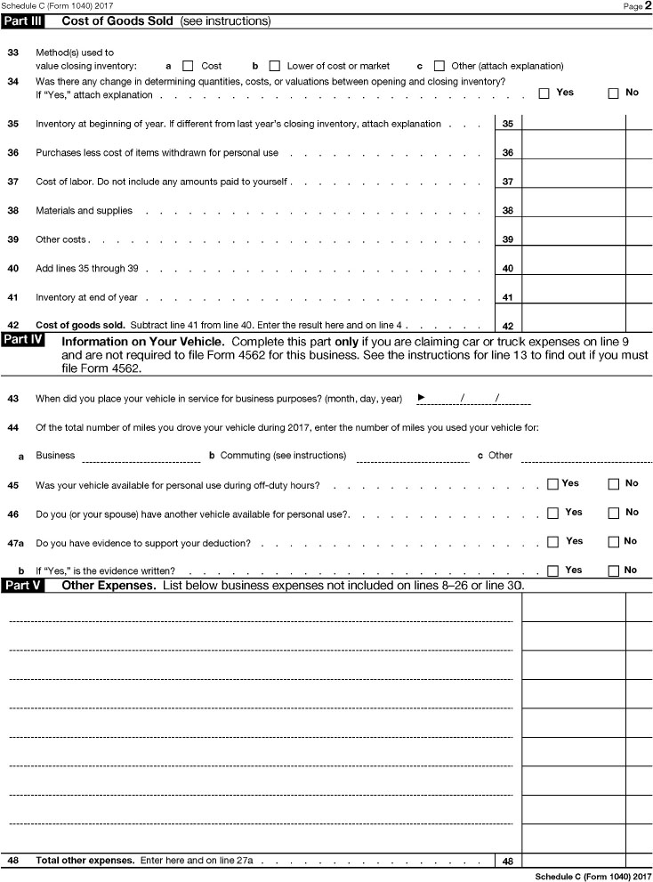 Sheet shows profit or loss from business having cost of goods sold details, information on your vehicle details, and other expense details.