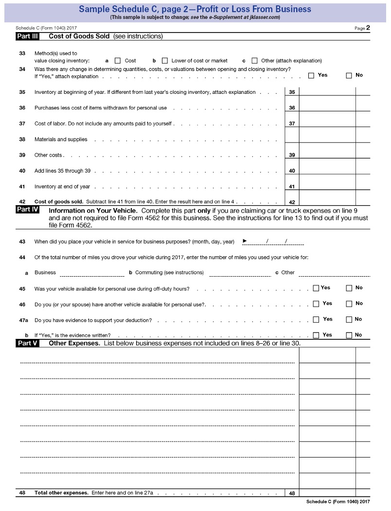 Sheet shows sample schedule C profit or loss from business like cost of goods sold, information on your vehicle, and other expenses.