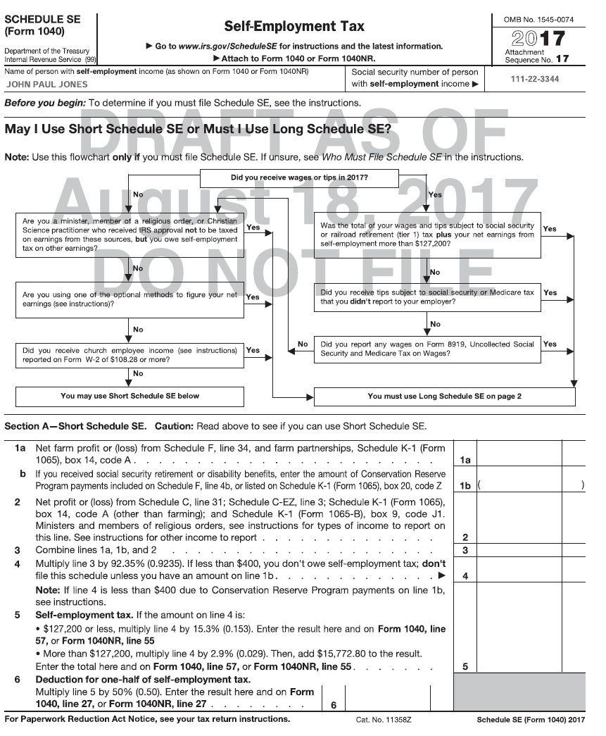 Section B of long schedule SE form shows calculations for church employee income, deduction for one-half of self-employment tax, farm and nonfarm optional methods to figure net earnings.