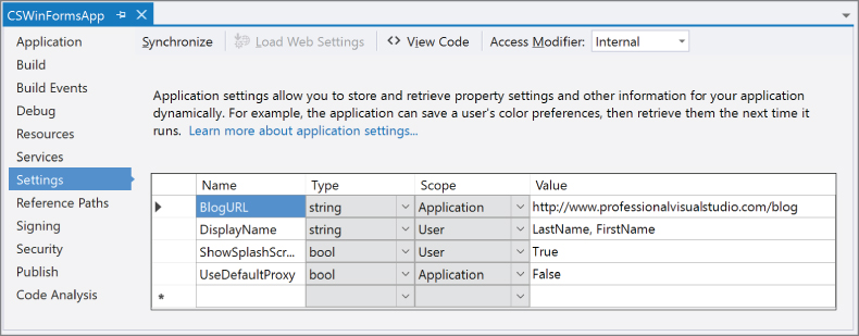 Screenshot of Project settings window.