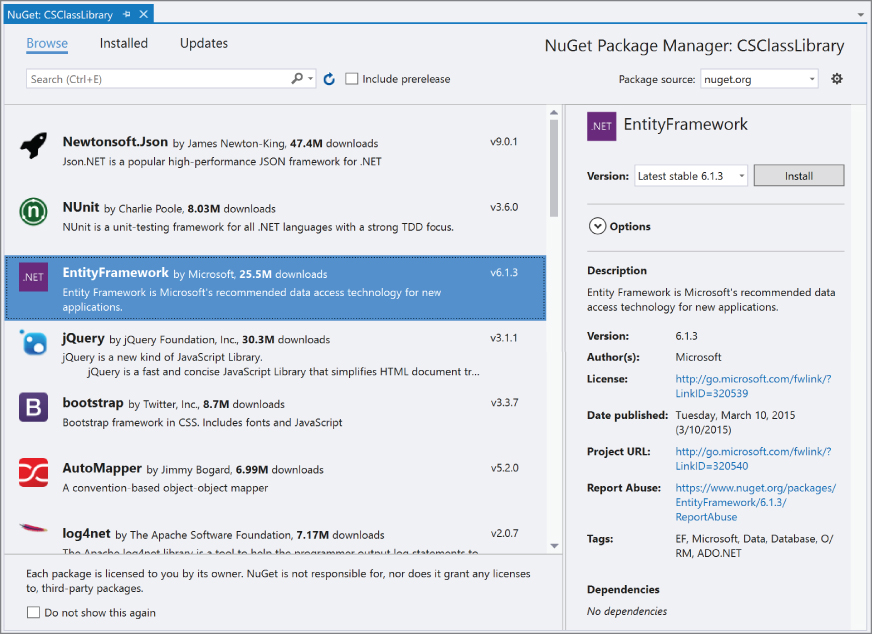Screenshot of Manage NuGet Packages page.