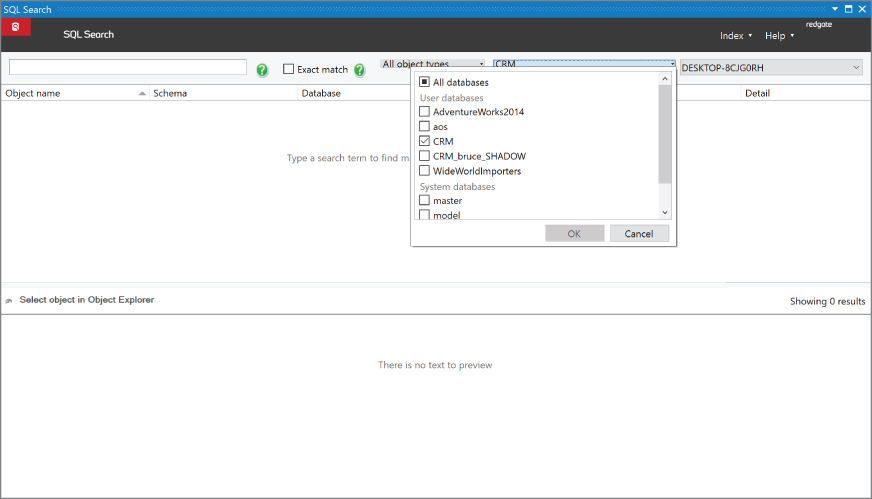 Screenshot of SQL Search window.
