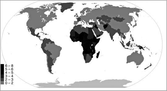Figure depicting the fertility map of the world, where darker regions represent high fertility.