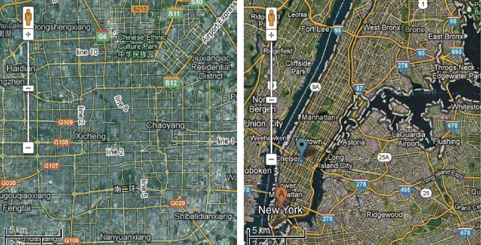Google Maps comparing of city road density between Beijing (left) and New York (right).