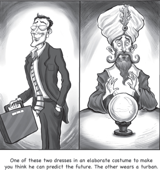 Cartton illustration of a well-dressed man carrying a briefcase in his right hand and a male fortune teller.