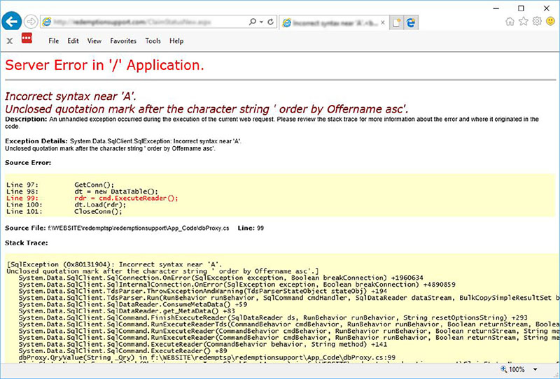 Screenshot shows error response for website which includes text “Sever error in application, Incorrect syntax near A, Unclosed quotation mark after the character string order by offername asc”.