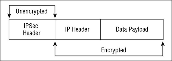 Diagram shows data packet in tunnel mode consisting of unencrypted IPSec header, encrypted IP header and encrypted data payload.