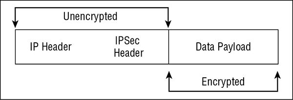 Diagram shows data packet in transport mode consisting of unencrypted IP header, unencrypted IPSec header and encrypted data payload.