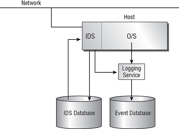 Diagram shows host system consisting of IDS and OS and connected to network. IDS and OS connected to event database through logging service and IDS also connected to IDS database.